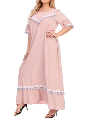 Size Colorblock Fringe Trim Round Neck Short Sleeve Maxi Dress; Women's Loose Fit Long Dress