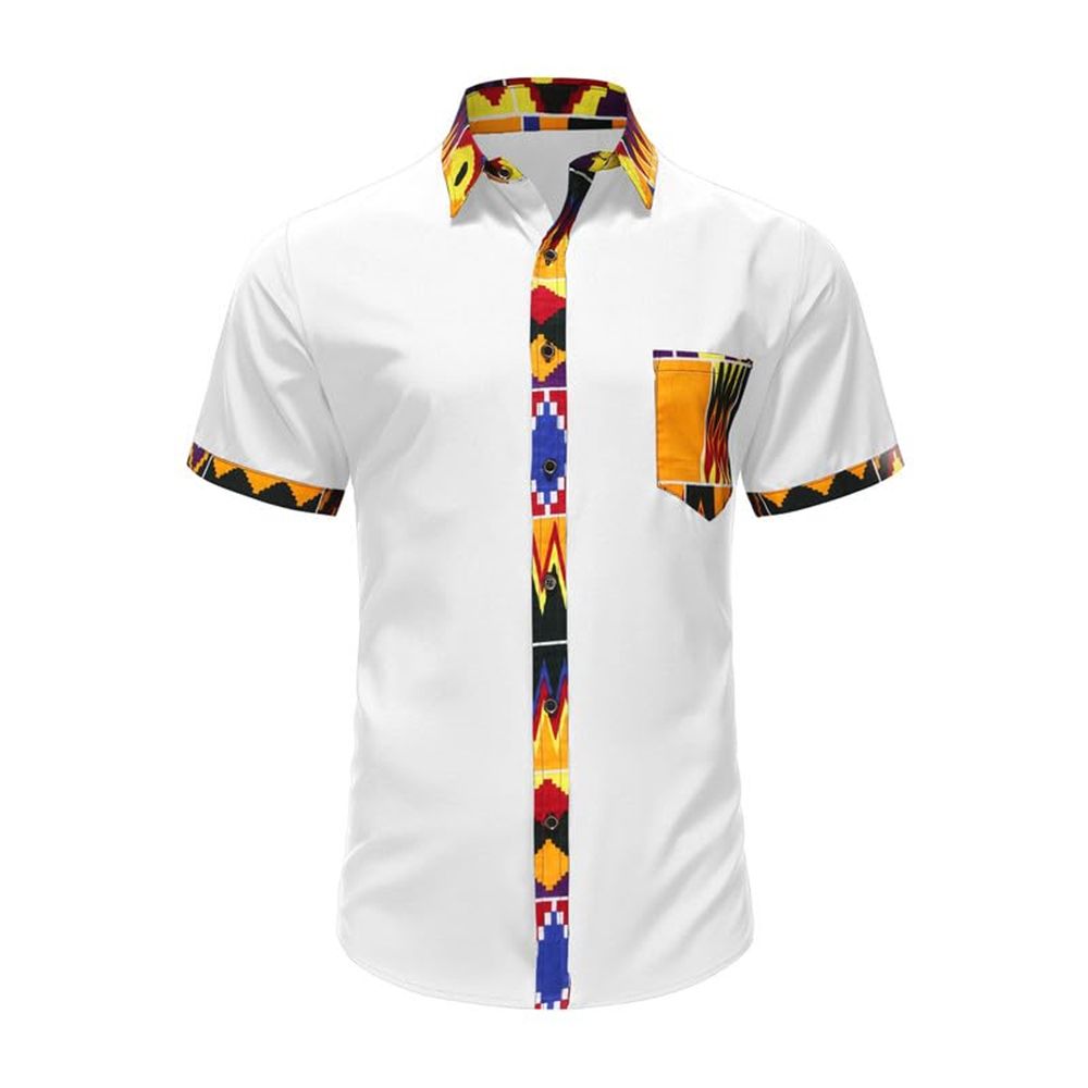 Men's African Short Sleeve Dashiki Shirt Patchwork Button up T Shirt